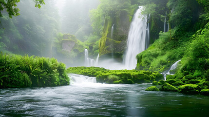 Fototapeta na wymiar Misty Waterfall in Ancient Forest A Serene Portrayal of Pure Natural Harmony