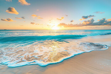 Tranquil beach scene at sunrise with gentle waves and a colorful sky, serenity in nature.
 