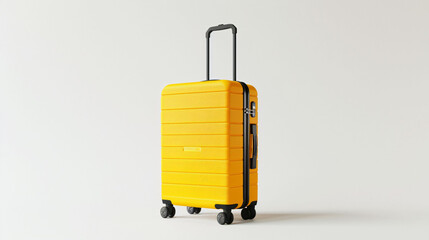 Bright yellow suitcase with wheels and extended handle on a plain background, travel concept.

