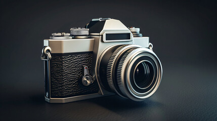 Vintage film camera with a prime lens isolated on a dark grey background, classic photography.
 - obrazy, fototapety, plakaty