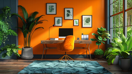 A neat home office setup with modern decor represents a comfortable workspace, concept: remote working.
