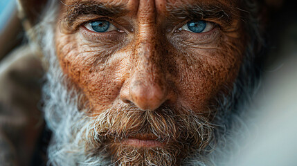 Close-up of a 70 year old male sailor with deep blue eyes and weathered facial features, highly detailed portrait.
