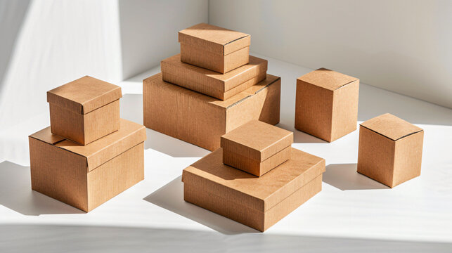 Assorted small cardboard boxes cast soft shadows, hinting at online shopping and package delivery.
