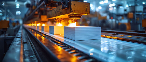 Industrial production line within a factory featuring intense orange sparks from active machinery.
