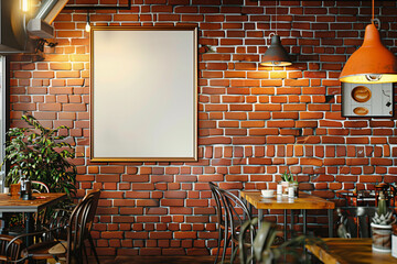 Digital representation of a cozy cafe interior with warm brick wall and space for art display.
