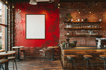 Cozy cafe interior with exposed brick wall and blank frame for menu or art display.
