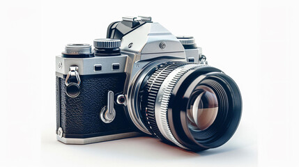 Classic black film camera with a prime lens, profile view against a white background.
