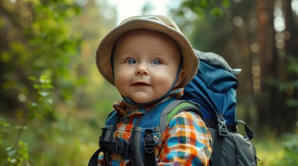  baby dons hiking gear and a hat.