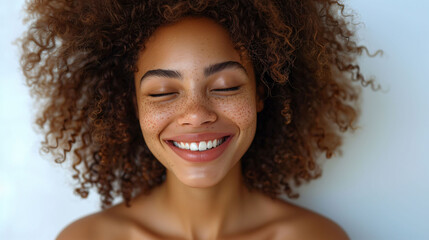 Portrait of a joyful young woman with a white smile curly hair and freckles on her face, looking contented and happy.
 - obrazy, fototapety, plakaty
