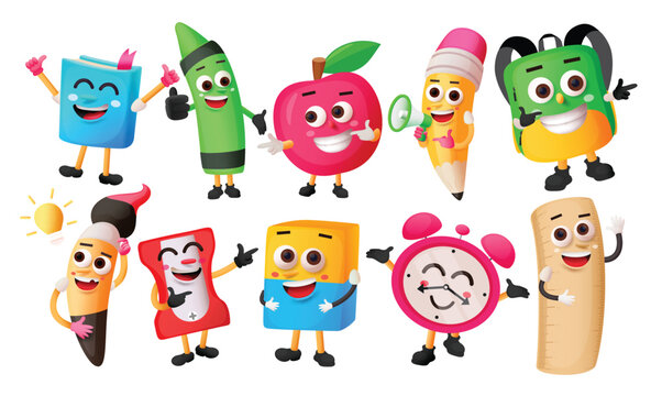 School elements characters vector set design. School supplies in cute cartoon characters like book, color, apple, bag, brush, sharpener and eraser learning educational items collection. Vector 