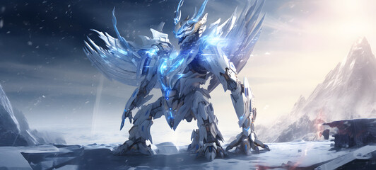photograph of a Transformers robot white dragon adorned in celestial sun and moon, ai generative