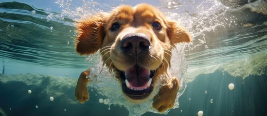 Fotobehang Toilet A Canidae organism, the dog, a carnivore and a companion dog, of the Sporting Group, is swimming underwater in the ocean, showcasing its snout in the natural landscape