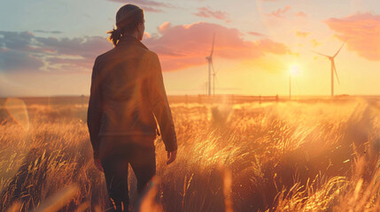 Silhouette of a person facing wind turbines during sunset in a golden wheat field.
