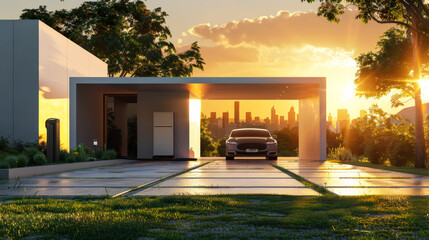 Concept of a home battery energy storage located in a garage with a sunny background with lawn car, family house and big city