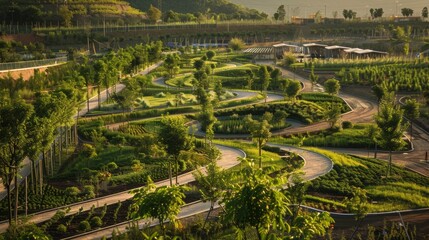 Fototapeta premium A barren landscape transformed into a thriving garden thanks to an industrial complexs efforts to incorporate green spaces and ecofriendly . AI generation.