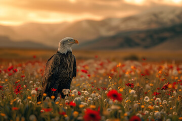 Majestic Bald Eagle in Wildflower Meadow at Sunset - obrazy, fototapety, plakaty