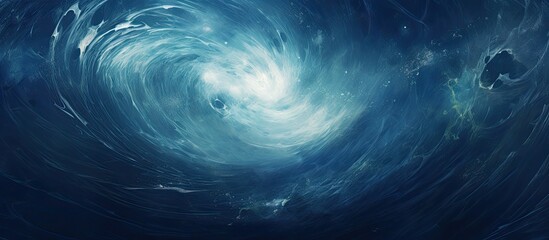 Obraz premium A mesmerizing swirl resembling an electric blue circle in the middle of the ocean under an atmospheric sky, surrounded by fluffy cumulus clouds
