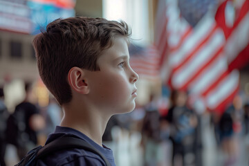 Patriotic Boy with American Flags in Background. Pledge of Allegiance in School. - obrazy, fototapety, plakaty