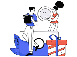 Holiday shopping people doing e-commerce online shopping flat vector concept operation hand drawn illustration
