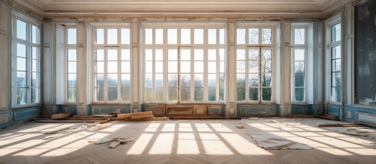 A close perspective of a room featuring numerous expansive windows and abundant wood elements throughout