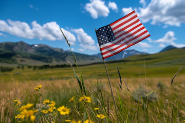 4th of July and Memorial Day Tribute with American Flag in Mountain Meadow. Patriotic.