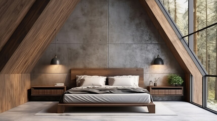 Wooden bed near concrete wall. Interior design of modern bedroom in attic with vaulted ceiling. Generative AI - Powered by Adobe