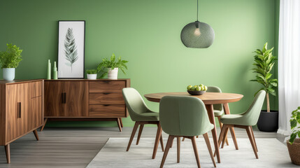 Wooden round dining table and light green barrel chairs against window. Dark wood cabinet near green wall. Scandinavian or mid-century interior design of modern living room. Generative AI
