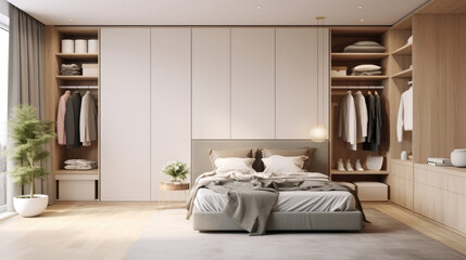 White wooden wardrobe in scandinavian style interior design of modern bedroom. Generative AI