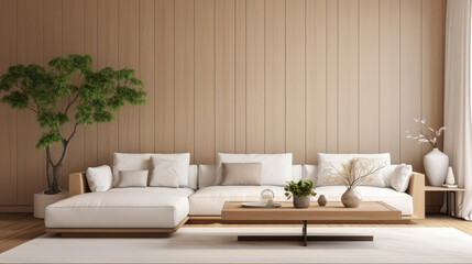 Japandi style interior design of modern living room with white sofa and wooden paneling wall. Generative AI