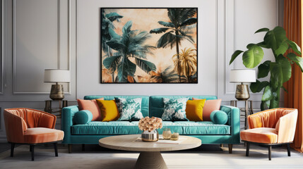 Turquoise sofa and big posters. Interior design of modern living room. Generative AI
