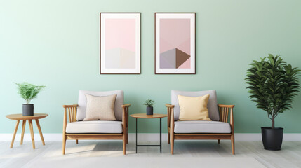 Two chairs near accent coffee table against pastel wall with frame poster. Mid-century style home interior design of modern living room. Generative AI