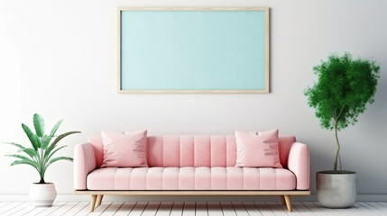 Fototapeta na wymiar Teal sofa and big mockup poster frame on white wall. Scandinavian interior design of modern living room. Generative AI