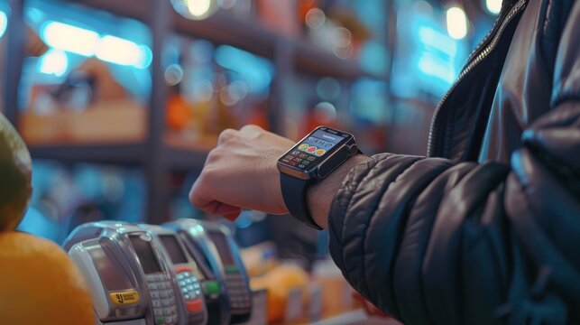 Customer making wireless or contactless payment using smartwatch 