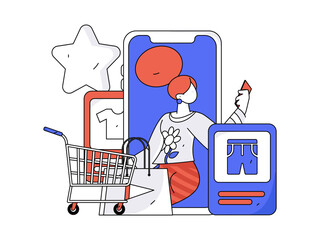 Holiday shopping people doing e-commerce online shopping flat vector concept operation hand drawn illustration
