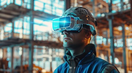 Drone engineers working with futuristic glasses on construction site - Aerial engineering and innovative technology concept first