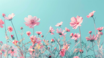 Flat lay creative illustration concept of fresh field Spring flowers on pastel blue background. Beautiful pink bloomed flowers 
