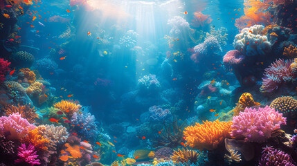 Fototapeta na wymiar Ethereal underwater kingdom with vibrant coral reefs, exotic marine life, and sunrays piercing azure depths.