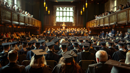 A wide shot of a graduation ceremony, with details of the graduates sitting in rows, the professors and dignitaries on stage, and the excitement in the air.