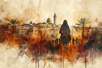 Jesus riding a donkey to Jerusalem, palm sunday, brown watercolor - obrazy, fototapety, plakaty
