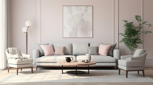 Modern luxurious living room interior composition with scandinavian elegance 