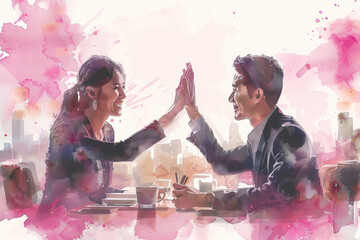 Pink watercolor of businesswoman giving a high five to male colleague in meeting
