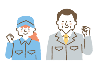 作業着を着てガッツポーズをしている男女_色