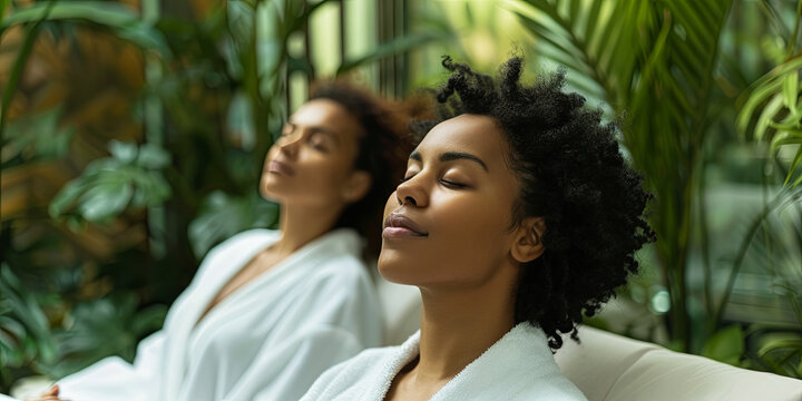black woman relaxing in a spa with her eyes closed, wearing a white robe, generative AI