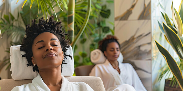 black woman relaxing in a spa with her eyes closed, wearing a white robe, generative AI