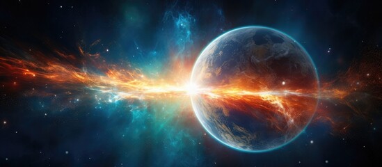 Obraz premium A stunning scene of the planet Earth as seen from space, with a striking bright blue nebula in the distant background