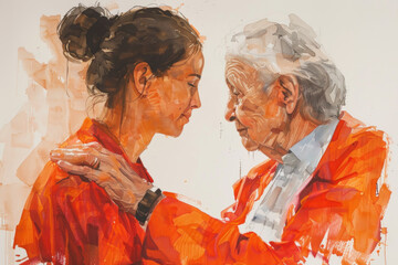 Orange watercolor painting of a nurse helping mature patient