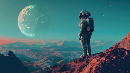 illustration of male astronaut on alien planet 