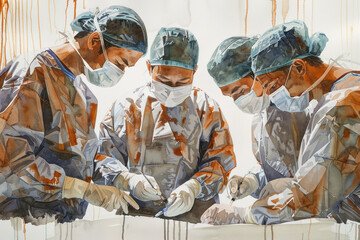 Brown watercolor of a group of doctors performing surgery on a patient
