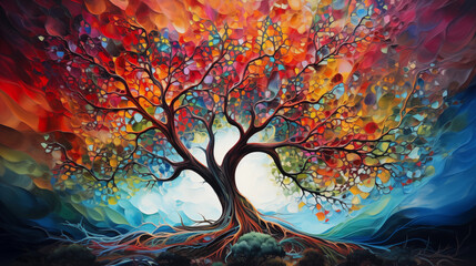 Abstract colorful oil paint tree