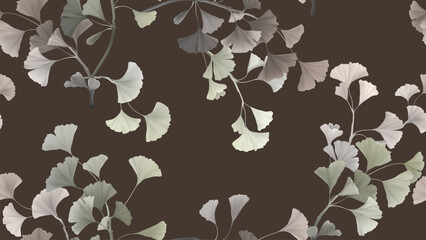 Seamless pattern, ginkgo leaf branch on dark brown background - 765299110